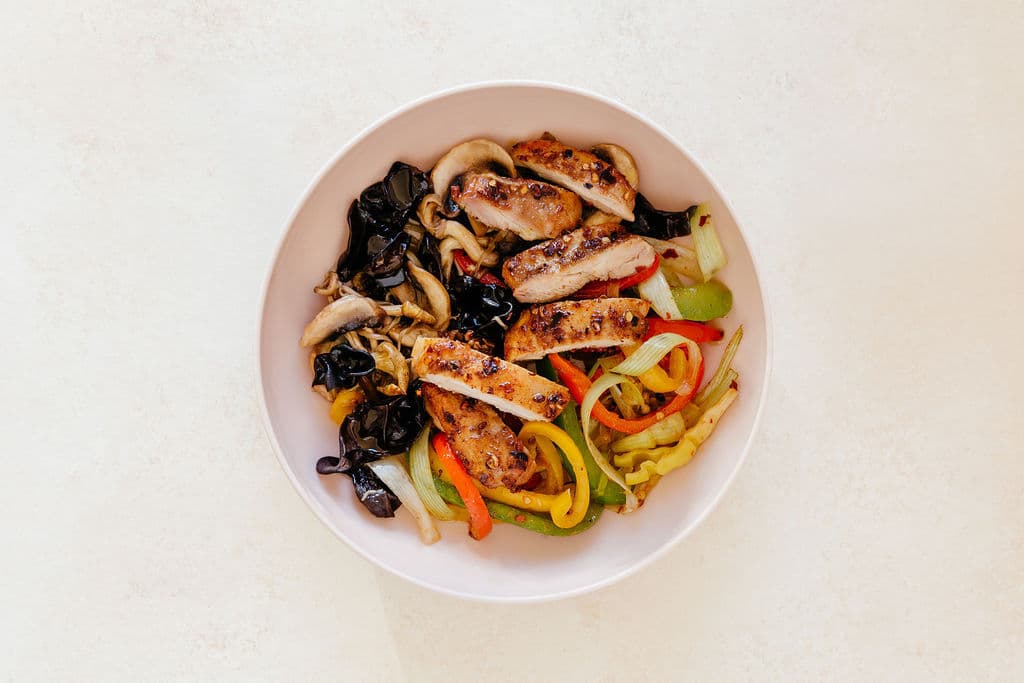 Szechuan Chicken with Charred Peppers and Forest Mushrooms