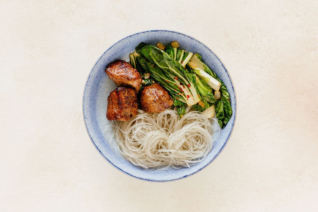 Hoisin Glazed Pork Shoulder with Yam Noodles and Bok Choy (SPICY)